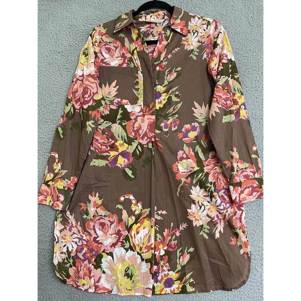 Soft Surroundings Women's Size S Floral Blouse Tunic Top Brown Roll Up Sleeve